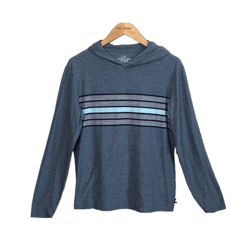 VINEYARD VINES Men‎ XS Lightweight Hoodie Island Shirt Gray Stripes Peru Cotton